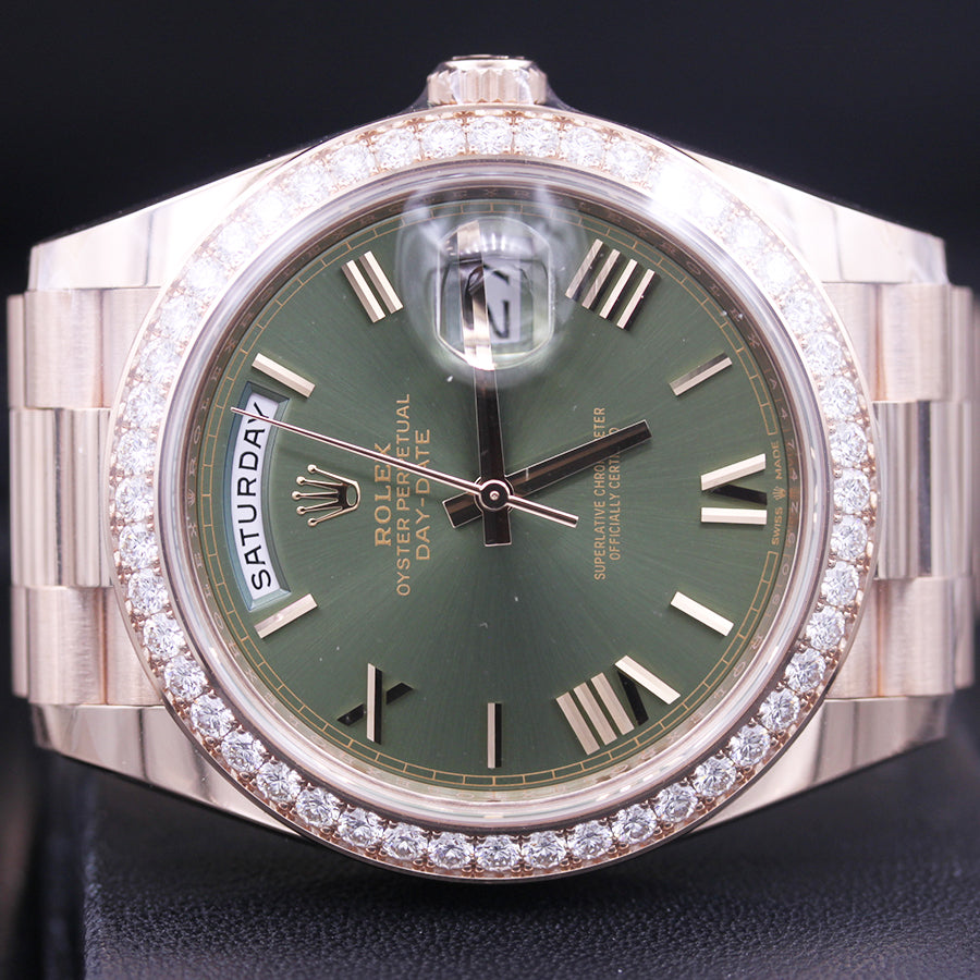 Rolex 1:1 Super Clone Day-Date 40 Presidential 228345 Diamond Bezel Olive Green Dial