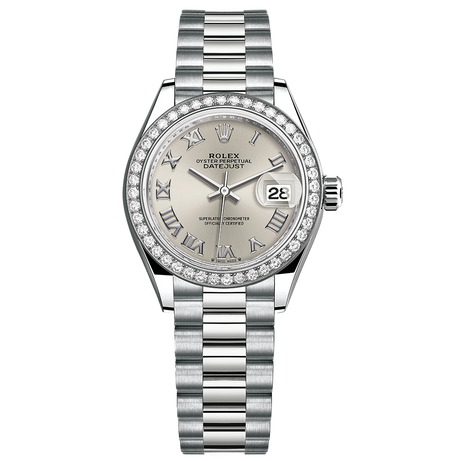 Rolex 1:1 Super Clone Lady-Datejust Silver Roman Numeral Dial Diamond Bezel 28mm 279139RBR