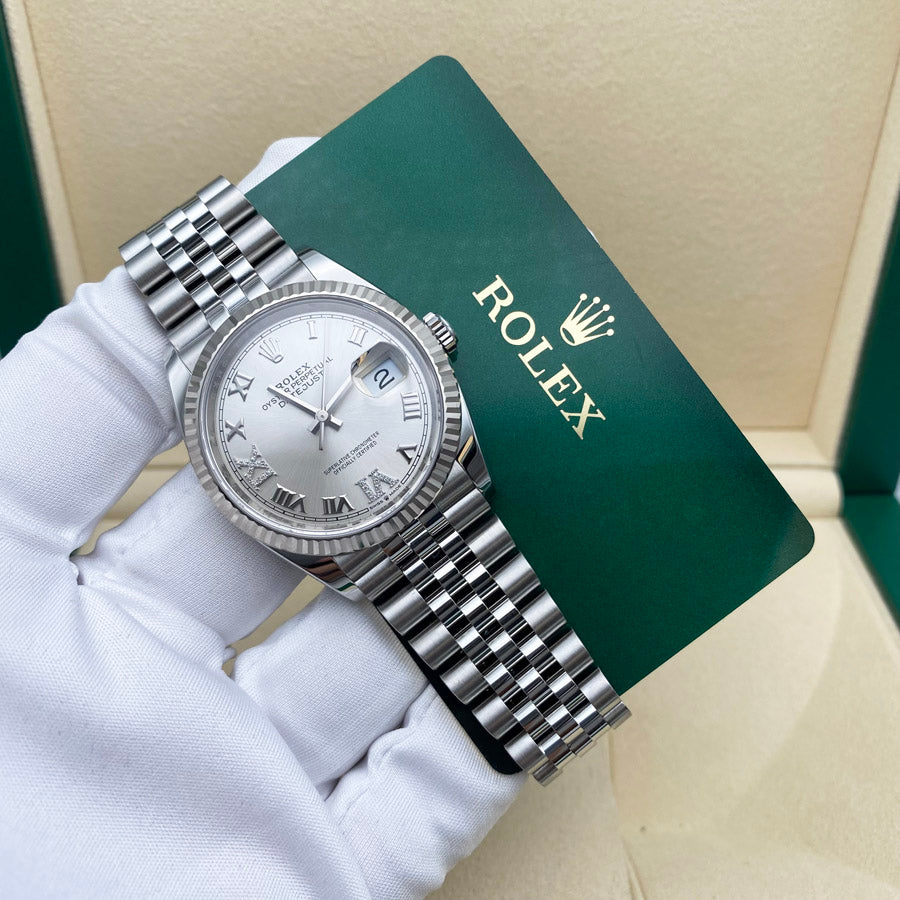 Rolex 1:1 Super Clone Datejust 36mm Fluted Bezel Jubilee Bracelet Silver Diamond 6 and 9 Hour Marker Dial