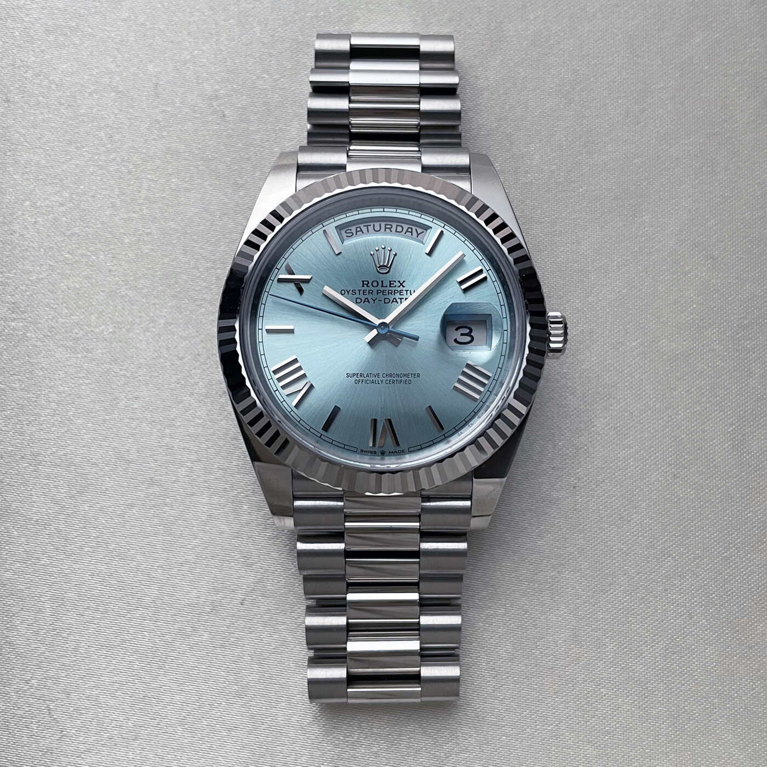 Rolex 1:1 Super Clone Oyster Perpetual Day-Date President 40mm in Platinum with Ice-Blue Dial Men's Watch 228236-0012 New