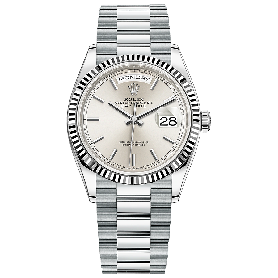 Rolex 1:1 Super Clone Day-Date Silver Dial Fluted Bezel 36mm 128236