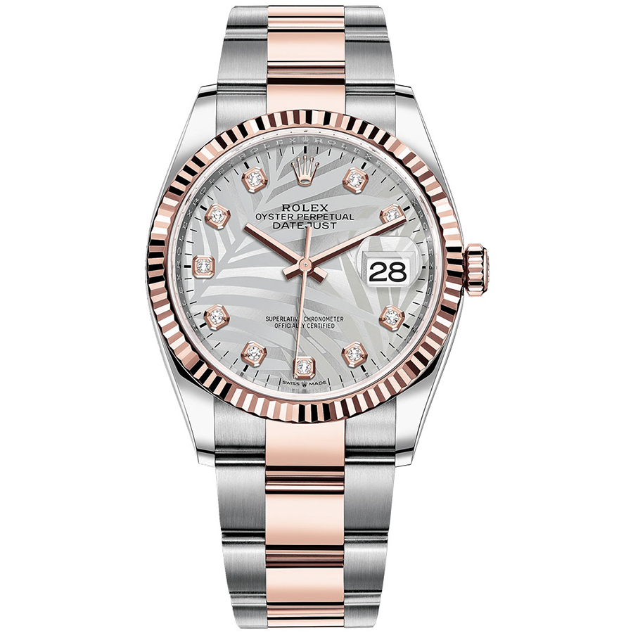 Rolex 1:1 Super Clone Datejust Silver Palm Motif Diamond Dial Fluted Bezel 36mm 126231