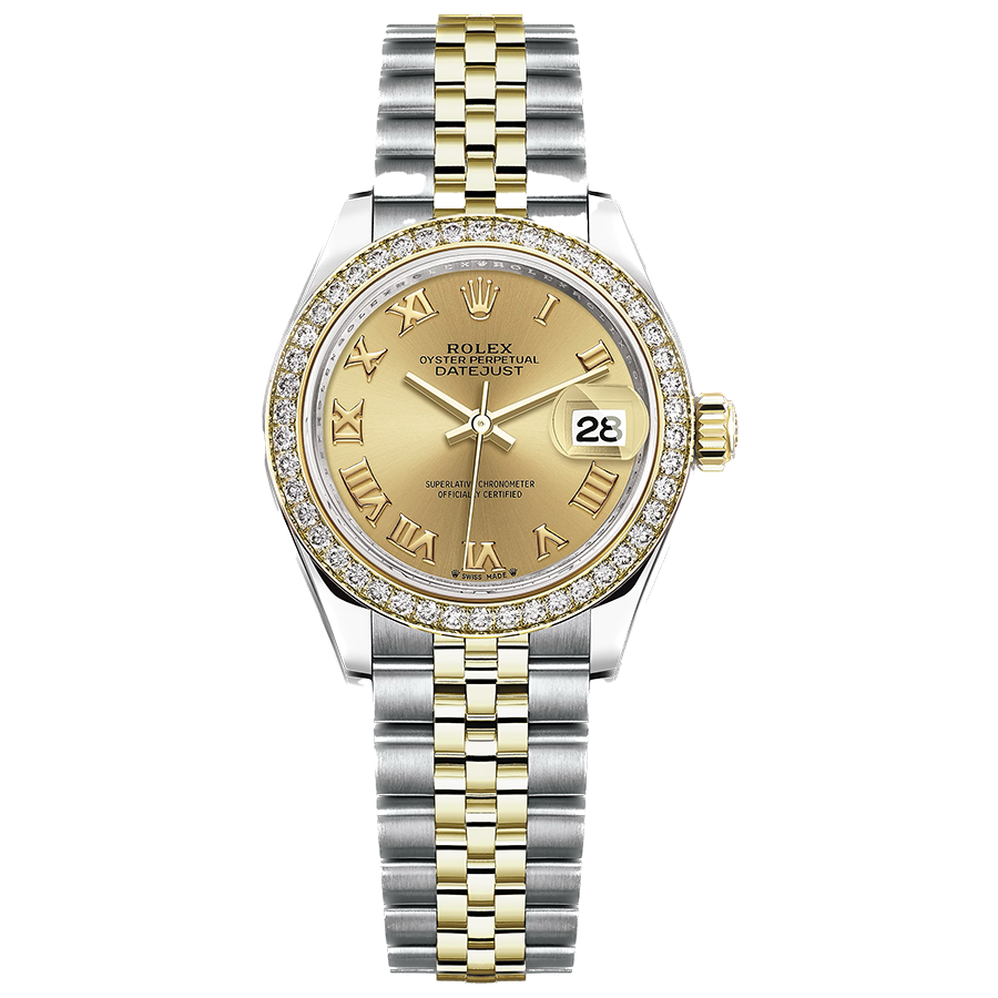 Rolex 1:1 Super Clone Lady-Datejust Champagne Roman Numeral Dial Diamond Bezel 28mm 279383RBR