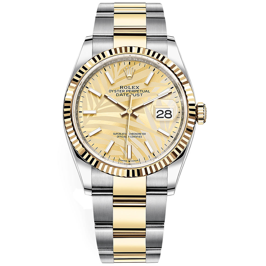 Rolex 1:1 Super Clone Datejust Golden Palm Motif Dial Fluted Bezel 36mm 126233