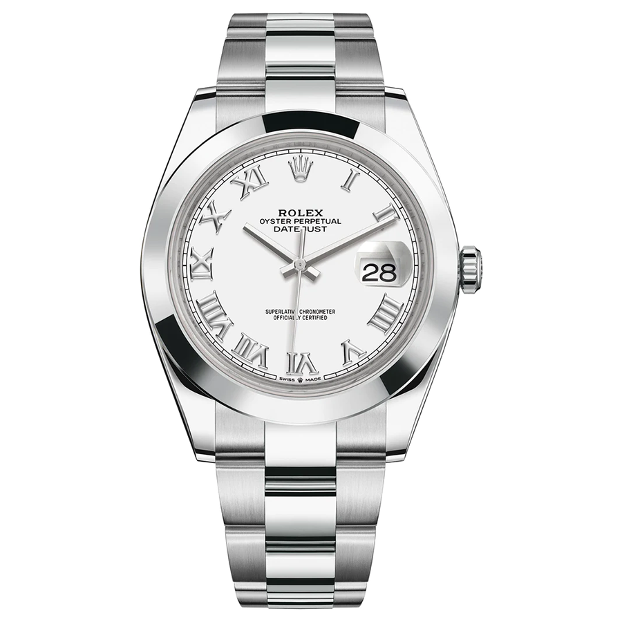 Rolex 1:1 Super Clone Datejust 41mm White Roman Numeral Dial Smooth Bezel 126300