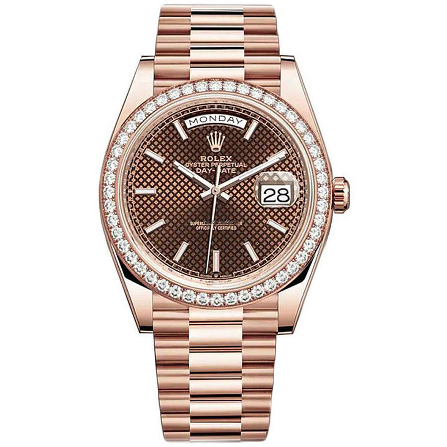 Rolex 1:1 Super Clone Day-Date 40 Presidential 228345 Diamond Bezel Chocolate Diagonal Motif Dial