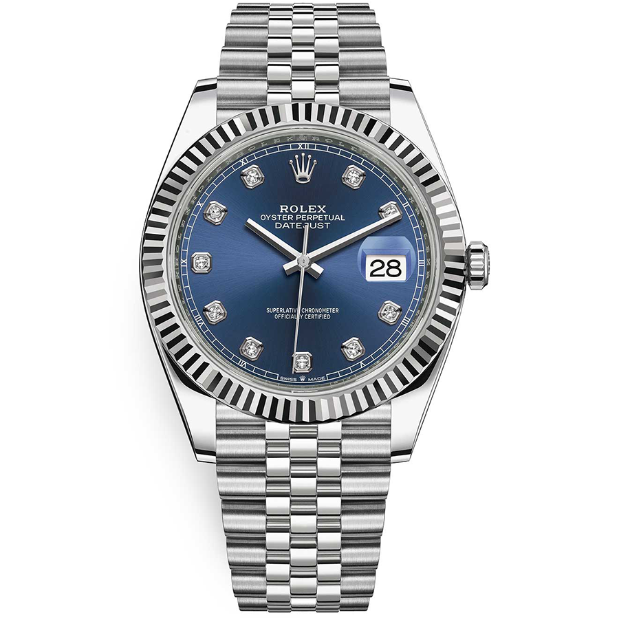 Rolex 1:1 Super Clone Datejust 41mm Bright Blue Diamond Dial Fluted Bezel 126334