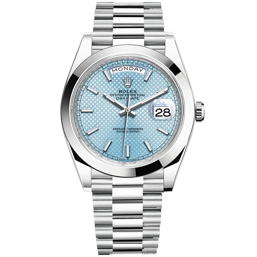 Rolex 1:1 Super Clone Day-Date 40 Platinum Presidential 228206 Smooth Bezel Ice Blue Diagonal Motif Dial