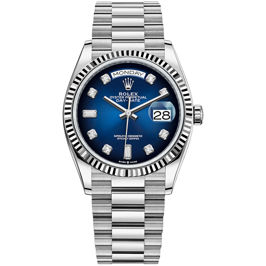 Rolex 1:1 Super Clone Day-Date Blue Ombre Diamond Dial Fluted Bezel 36mm 128239