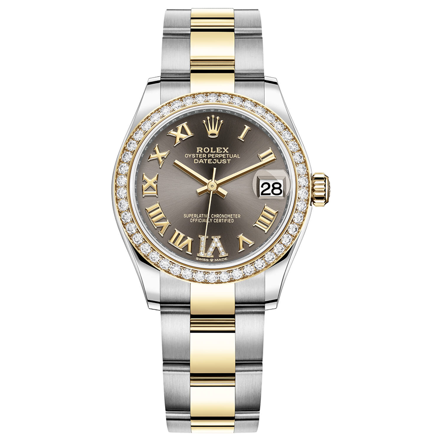 Rolex 1:1 Super Clone Datejust Dark Grey Diamond Roman Numeral Dial Diamond Bezel 31mm 278383RBR