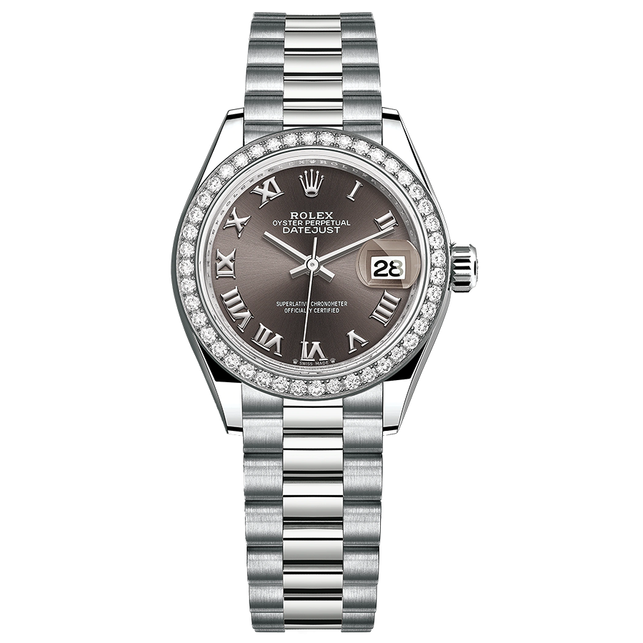 Rolex 1:1 Super Clone Lady-Datejust Dark Grey Roman Numeral Dial Diamond Bezel 28mm 279139RBR
