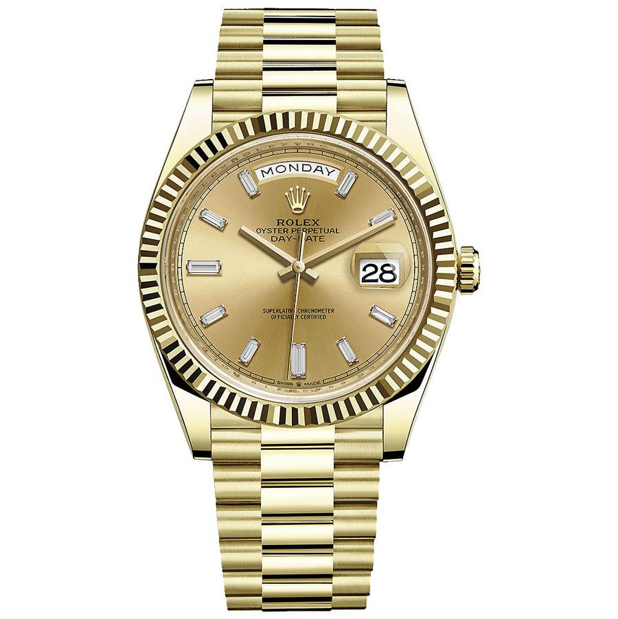 Rolex 1:1 Super Clone Day-Date 40 228238 Fluted Bezel Baguette Diamond Champagne Dial
