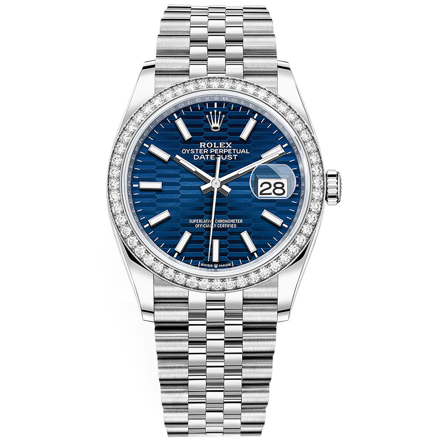 Rolex 1:1 Super Clone Datejust Bright Blue Fluted Motif Dial Diamond Bezel 36mm 126284RBR