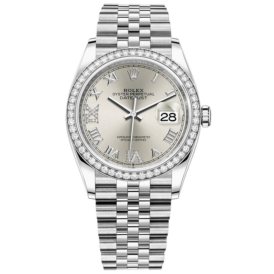 Rolex 1:1 Super Clone Datejust Silver Roman Numeral Dial Diamond Bezel 36mm 126284RBR