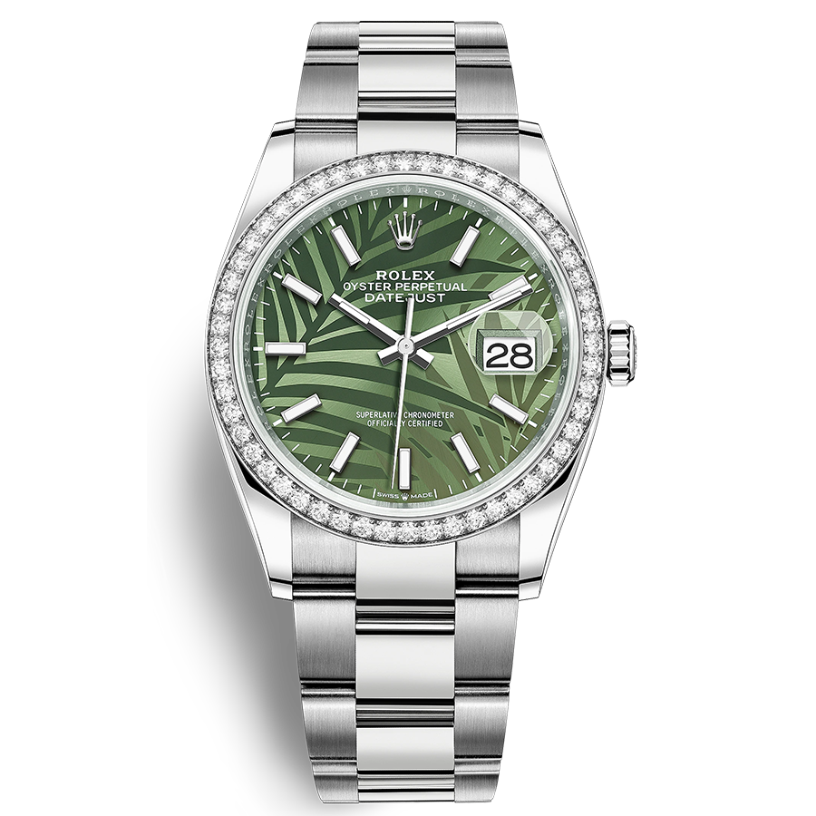 Rolex 1:1 Super Clone Datejust Olive Green, Palm Motif Dial Diamond Bezel 36mm 126284RBR