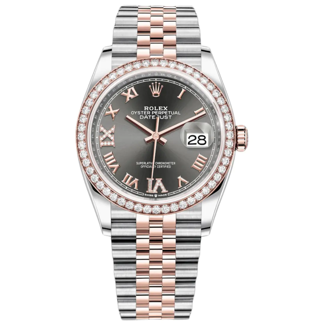 Rolex 1:1 Super Clone Datejust 36mm Rhodium Slate Pave Diamond Dial Diamond Bezel Jubilee Bracelet