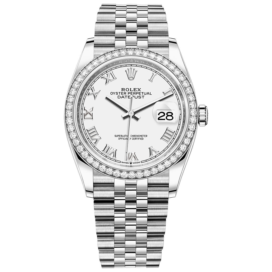 Rolex 1:1 Super Clone Datejust White Roman Numeral Dial Diamond Bezel 36mm 126284RBR