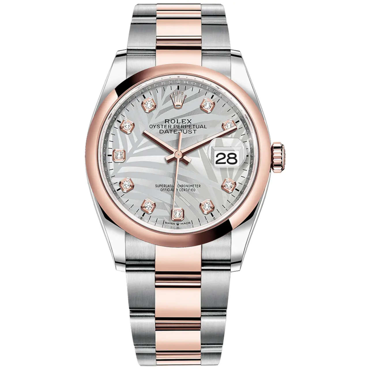 Rolex 1:1 Super Clone Datejust Silver Palm Motif Diamond Dial Domed Bezel 36mm 126201 Oyster