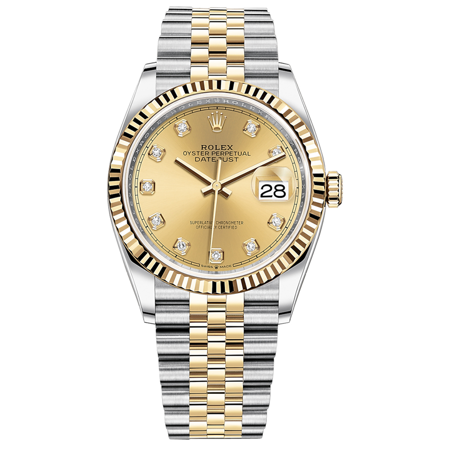 Rolex 1:1 Super Clone Datejust Champagne Diamond Dial Fluted Bezel 36mm 126233