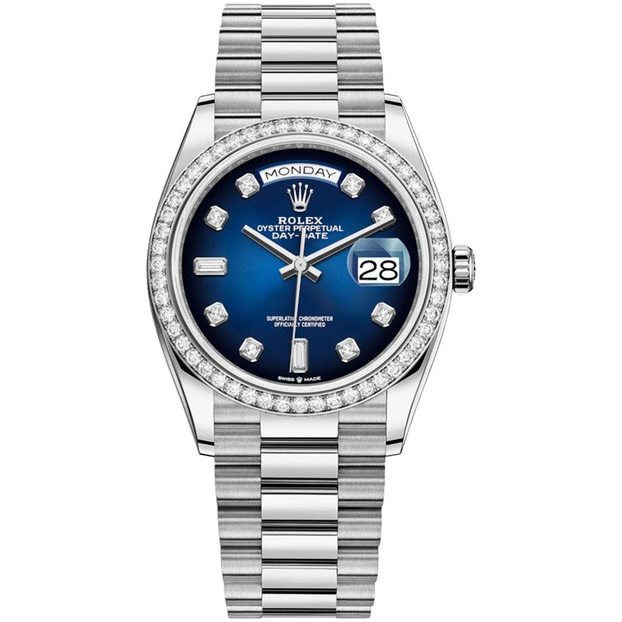 Rolex 1:1 Super Clone Day-Date Blue Ombre Diamond Dial Diamond Bezel 36mm 128349RBR