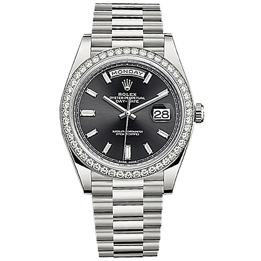 Rolex 1:1 Super Clone Day-Date 40 Presidential 228349 Diamond Bezel Baguette Diamond Black Dial