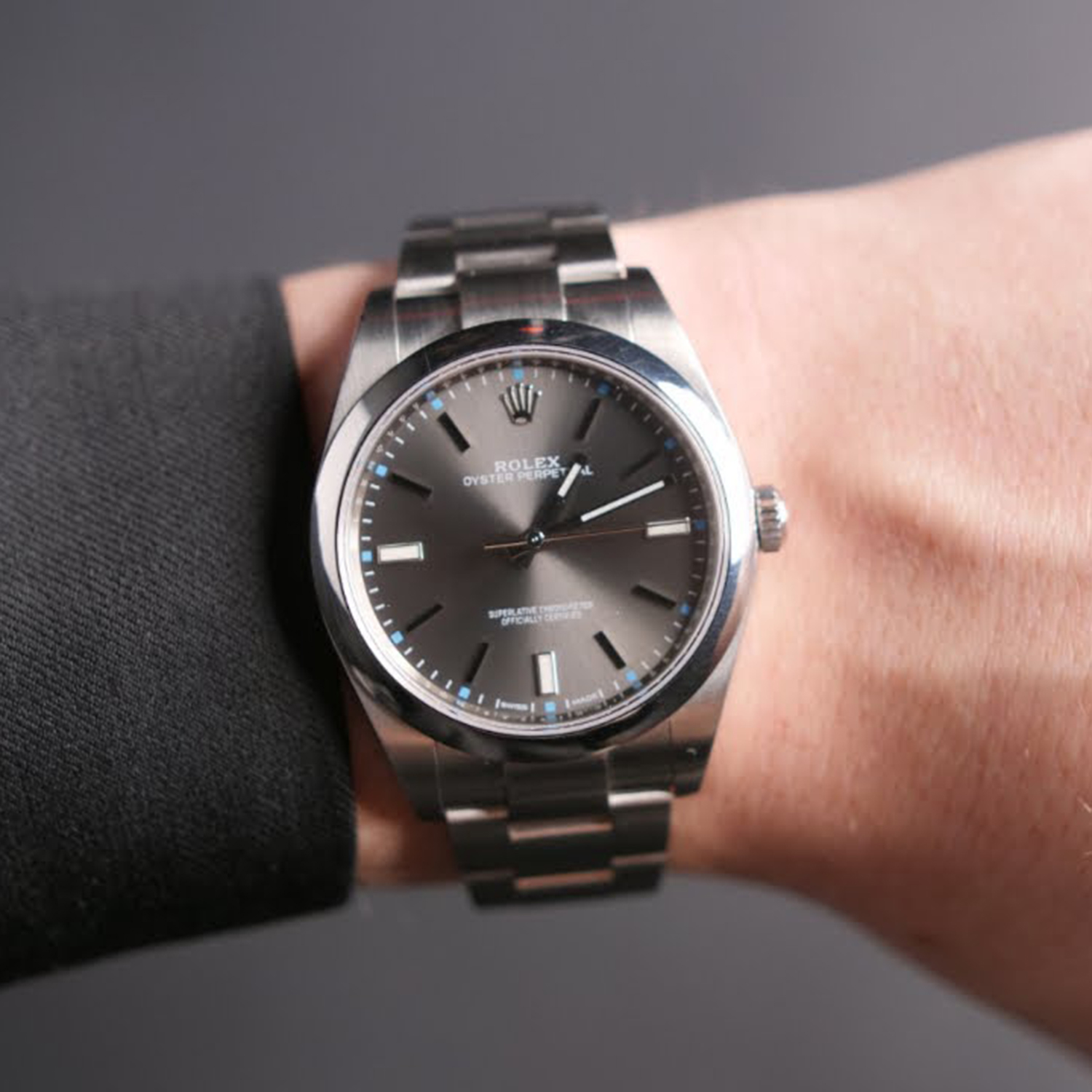 Rolex 1:1 Super Clone Oyster Perpetual 39mm Dark Rhodium Dial Watch 114300-0001