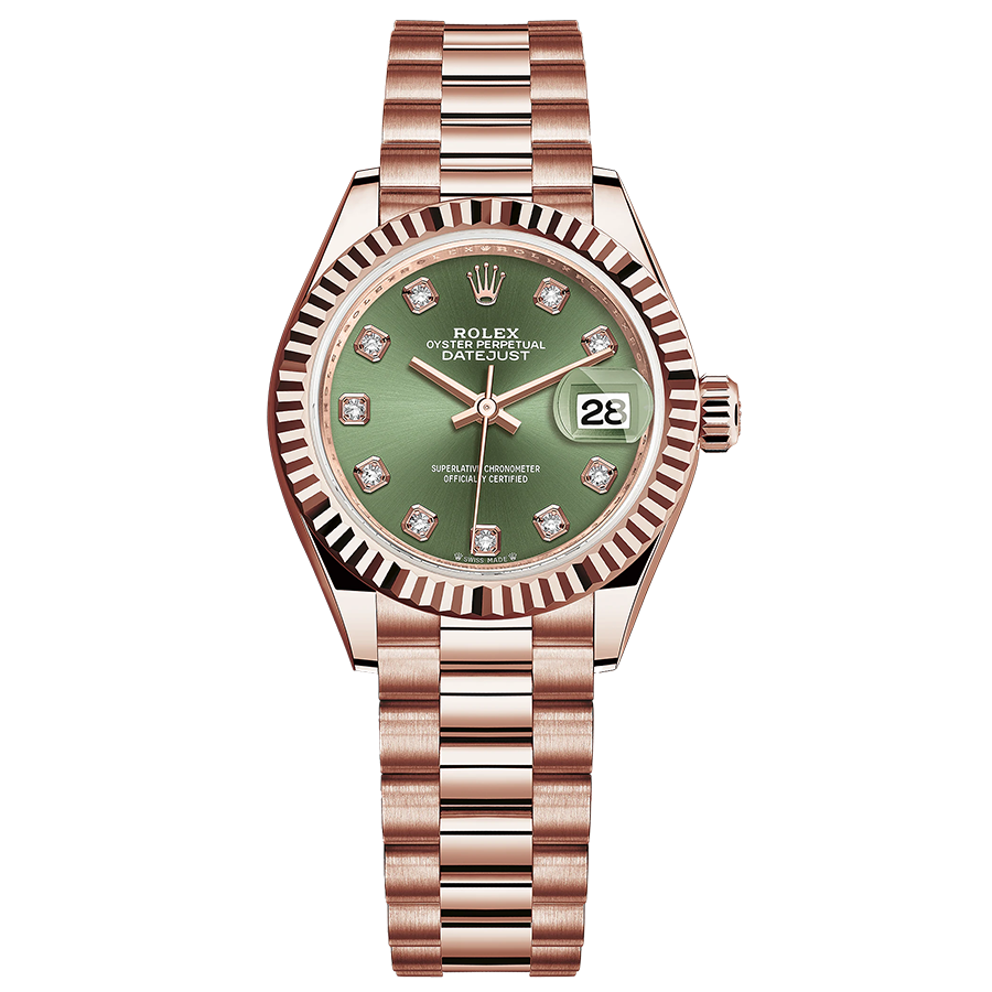 Rolex 1:1 Super Clone Lady-Datejust Olive-Green Diamond Dial Fluted Bezel 28mm 279175