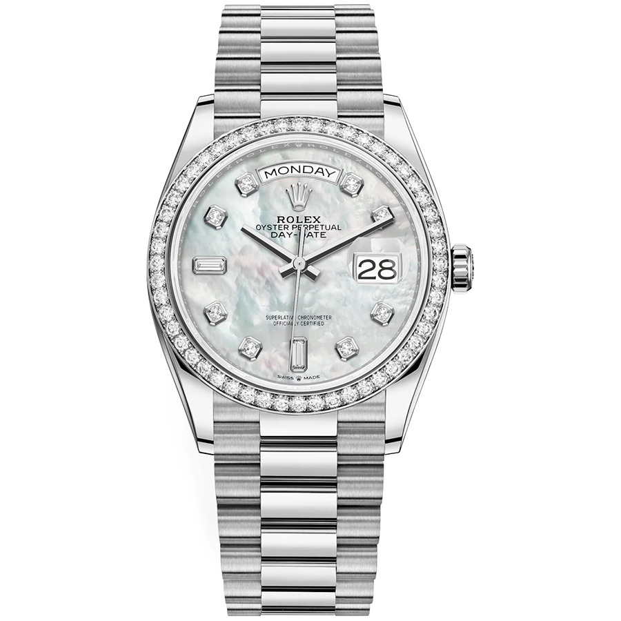 Rolex 1:1 Super Clone Day-Date Mother Of Pearl Diamond Dial Diamond Bezel 36mm 128349RBR