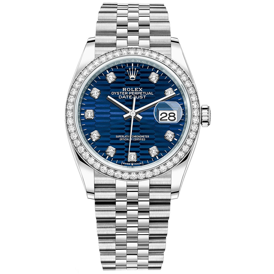 Rolex 1:1 Super Clone Datejust Bright Blue Fluted Motif Diamond Dial Diamond Bezel 36mm 126284RBR