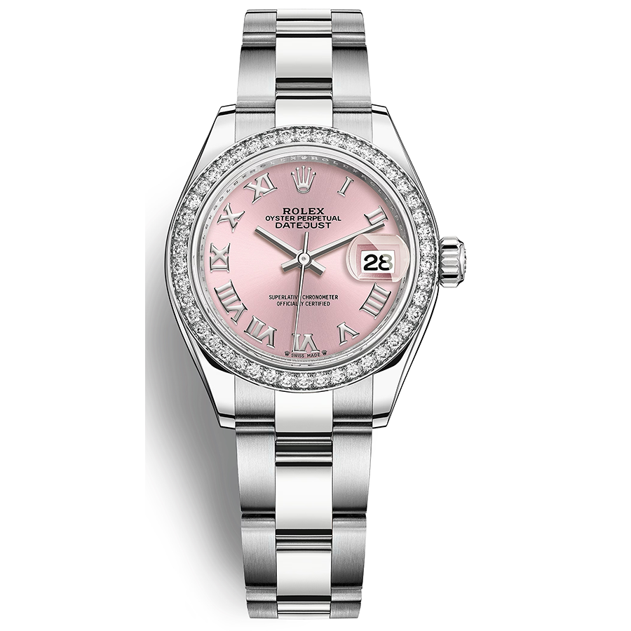 Rolex 1:1 Super Clone Lady-Datejust Pink Roman Numeral Dial Diamond Bezel 28mm 279384RBR