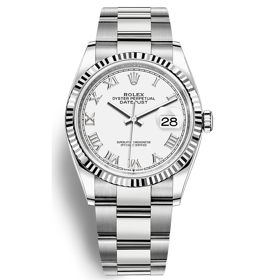 Rolex 1:1 Super Clone Datejust White Roman Numeral Dial Fluted Bezel 36mm 126234