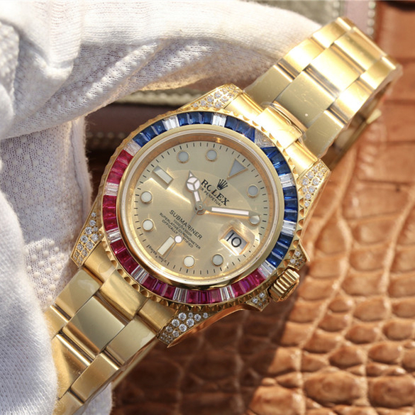 Rolex 1:1 Super Clone Submariner Golden Blue / Red Diamond Gold Dial 40mm