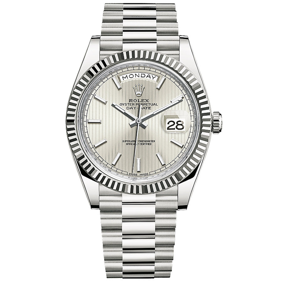 Rolex 1:1 Super Clone Day-Date 40 Presidential 228239 Fluted Bezel Silver Stripe Motif Dial