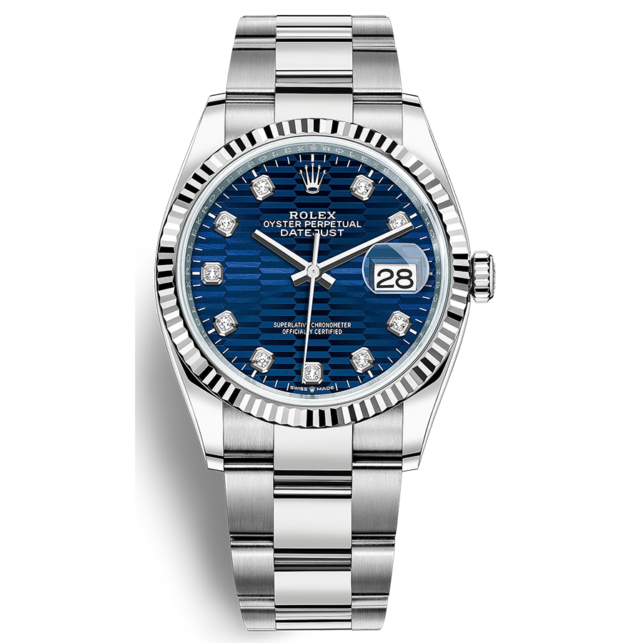 Rolex 1:1 Super Clone Datejust Bright Blue, Fluted Motif Diamond Dial Fluted Bezel 36mm 126234