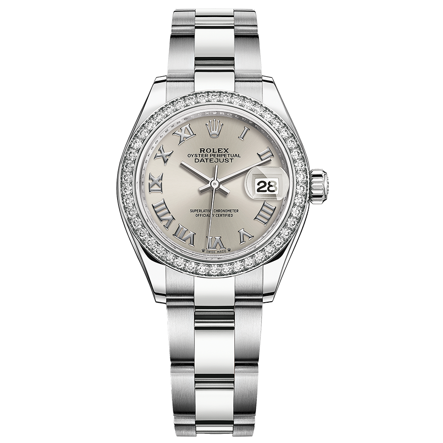Rolex 1:1 Super Clone Lady-Datejust Silver Roman Numeral Dial Diamond Bezel 28mm 279384RBR