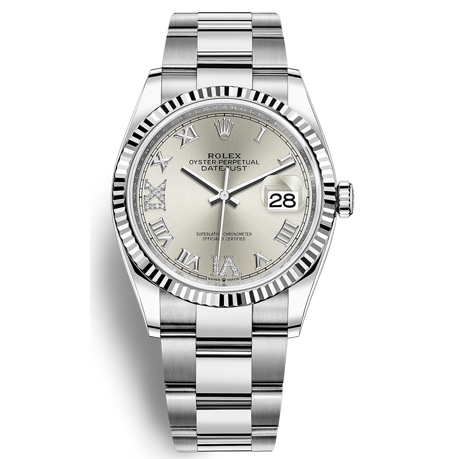Rolex 1:1 Super Clone Datejust Silver Diamond Dial Fluted Bezel 36mm 126234