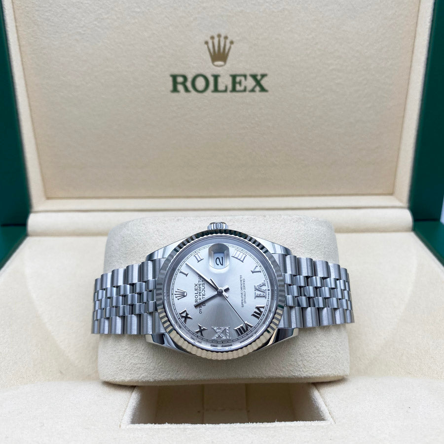 Rolex 1:1 Super Clone Datejust 36mm Fluted Bezel Jubilee Bracelet Silver Diamond 6 and 9 Hour Marker Dial
