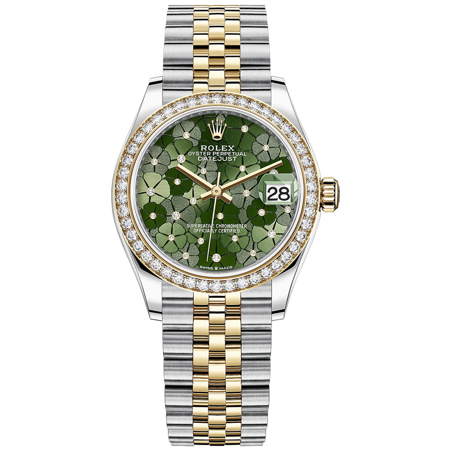 Rolex 1:1 Super Clone Datejust Olive Green Floral Motif Dial Diamond Bezel 31mm 278383RBR