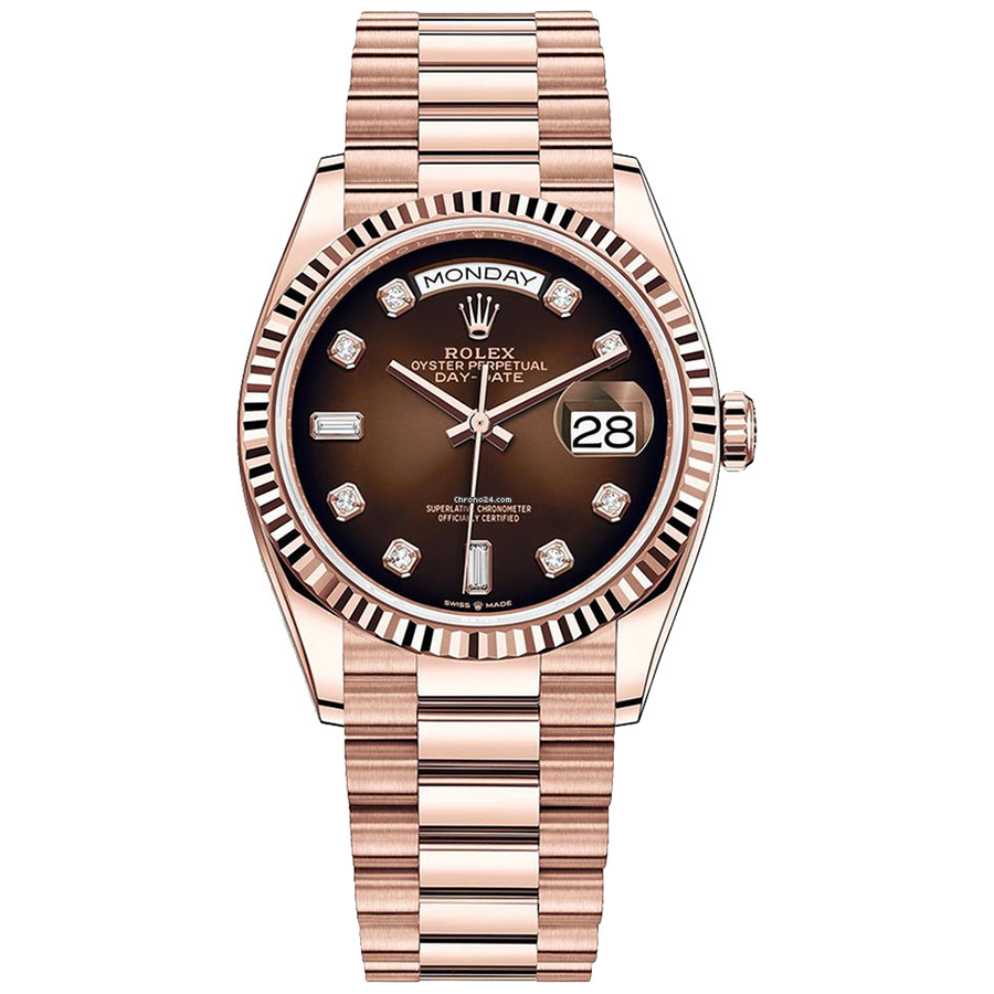 Rolex 1:1 Super Clone Day-Date Brown Ombre Diamond Dial Fluted Bezel 36mm 128235