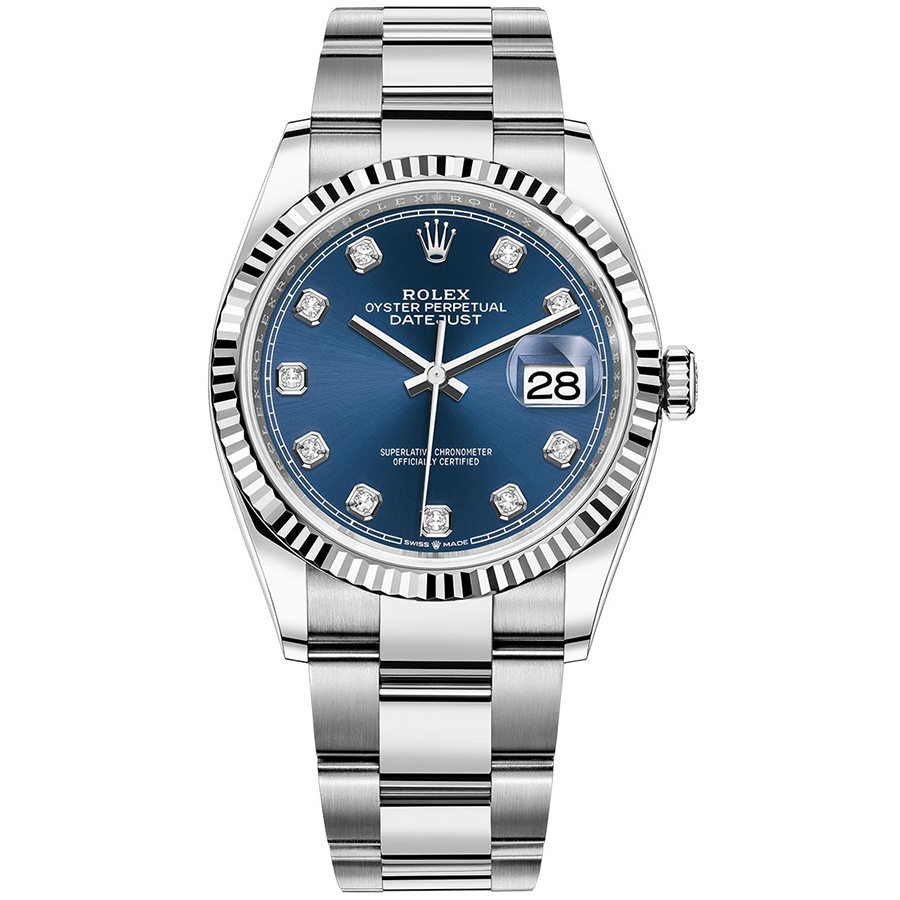 Rolex 1:1 Super Clone Datejust Bright Blue Diamond Dial Fluted Bezel 36mm 126234