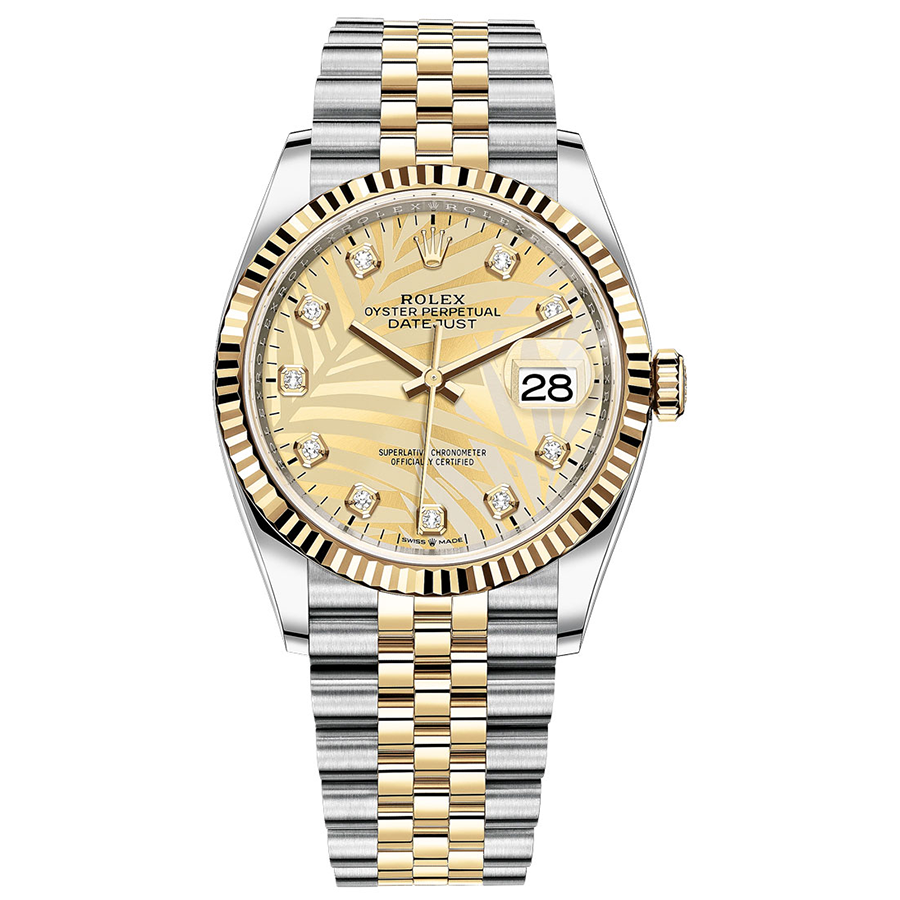 Rolex 1:1 Super Clone Datejust Golden Palm Motif Diamond Dial Fluted Bezel 36mm 126233