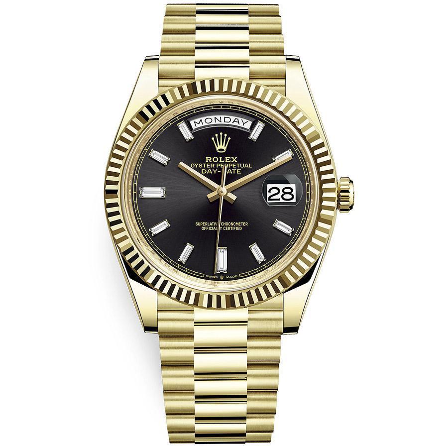 Rolex 1:1 Super Clone Day-Date 40 Presidential 228238 Fluted Bezel Baguette Diamond Black Dial