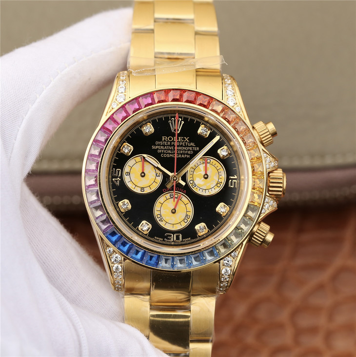Rolex 1:1 Super Clone Daytona Rainbow Diamond Yellow Gold Stainless Steel 40mm