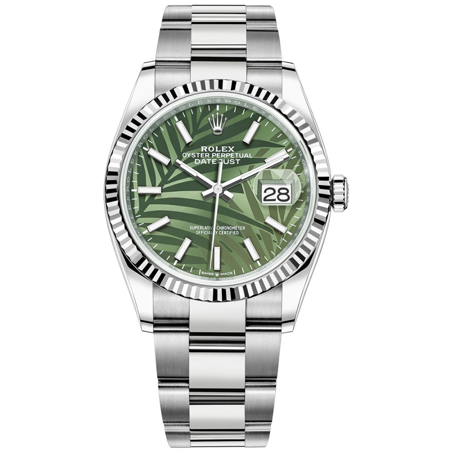 Rolex 1:1 Super Clone Datejust Olive Green, Palm Motif Dial Fluted Bezel 36mm 126234