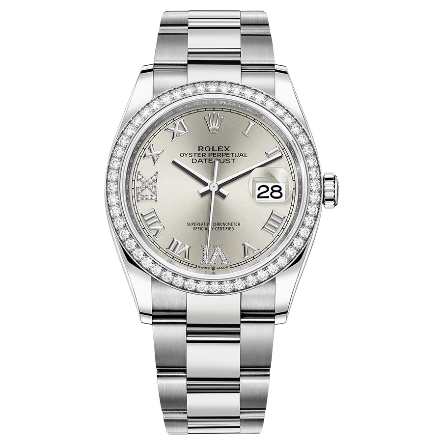 Rolex 1:1 Super Clone Datejust Silver Diamond Roman Numeral Dial Diamond Bezel 36mm 126284RBR