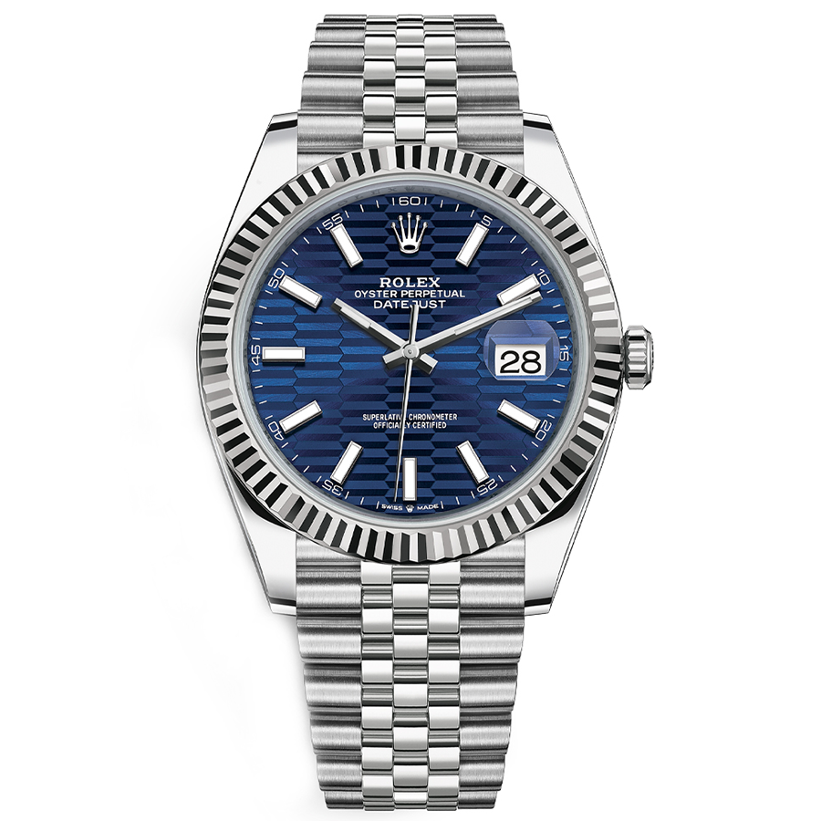 Rolex 1:1 Super Clone Datejust 41mm Bright Blue, Fluted Motif Dial Fluted Bezel 126334