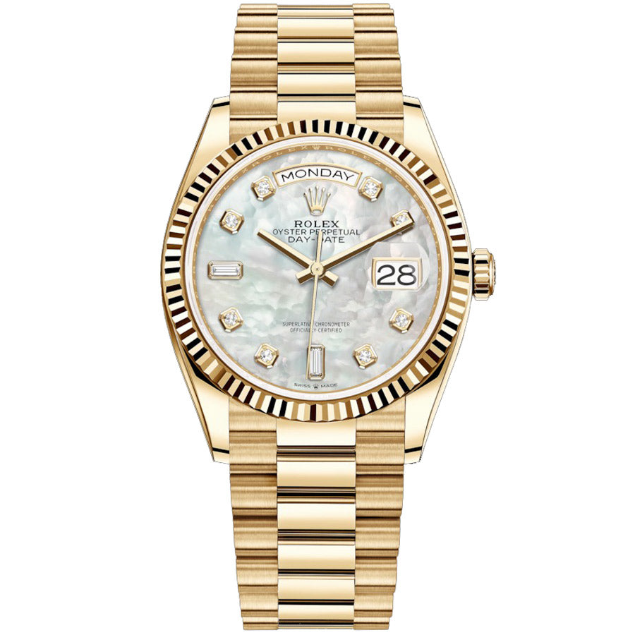Rolex 1:1 Super Clone Day-Date 36mm Presidential 128238 Fluted Bezel White Mother Of Pearl Diamond Dial
