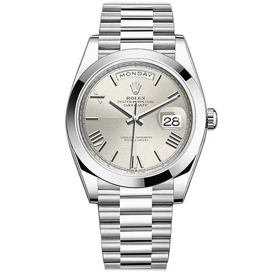 Rolex 1:1 Super Clone Day-Date 40 Platinum Presidential 228206 Smooth Bezel Silver Quadrant Motif Dial