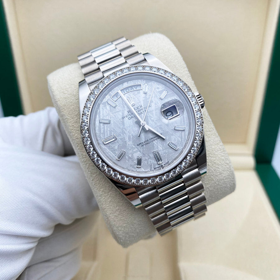 Rolex 1:1 Super Clone Day-Date 40 Presidential 228349 Diamond Bezel Baguette Diamond Meteorite Dial