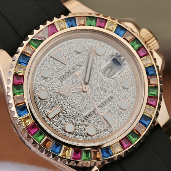 Rolex 1:1 Super Clone Yacht-Master 1 Golden Diamond Bezel & Dial Rubber Strap 40mm